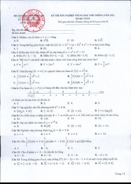 Gợi ý đáp án đề thi minh họa tốt nghiệp THPT môn Toán năm 2022