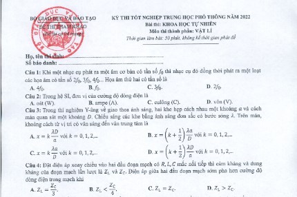 Gợi ý đáp án đề thi minh họa tốt nghiệp THPT môn Vật lí năm 2022