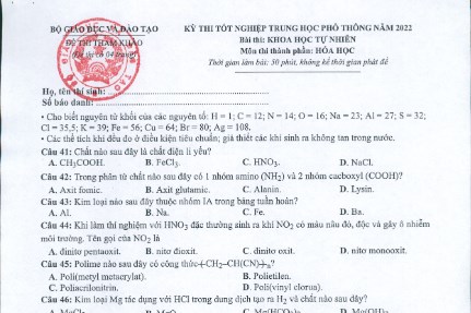 Gợi ý đáp án đề thi minh họa tốt nghiệp THPT môn Hóa học năm 2022