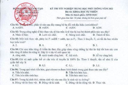 Gợi ý đáp án đề thi minh họa tốt nghiệp THPT môn Sinh học năm 2022