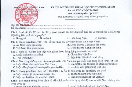 Gợi ý đáp án đề thi minh họa tốt nghiệp THPT môn Lịch sử năm 2022
