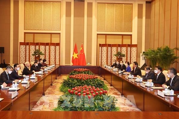 Tổng Bí thư Nguyễn Phú Trọng hội kiến Ủy viên trưởng Ủy ban Thường vụ Đại hội đại biểu nhân dân toàn quốc Trung Quốc