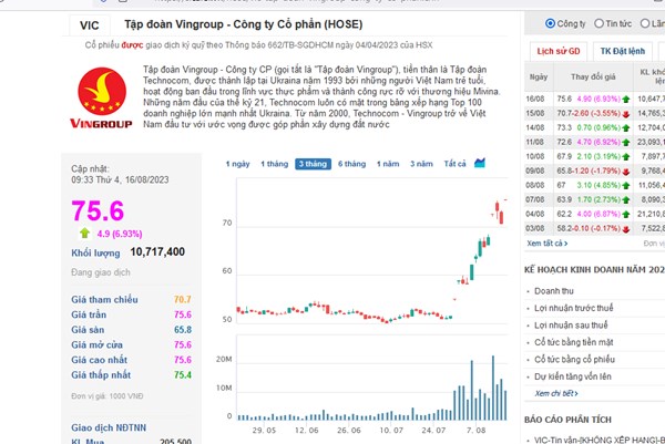 VIC tăng kịch trần sau khi Vinfast lên sàn chứng khoán Mỹ