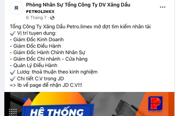 Tổng công ty Dịch vụ Xăng dầu Petrolimex cảnh báo Fanpage giả mạo tuyển nhân sự