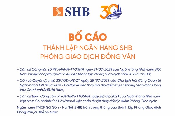 SHB thông báo thành lập phòng giao dịch Đồng Văn