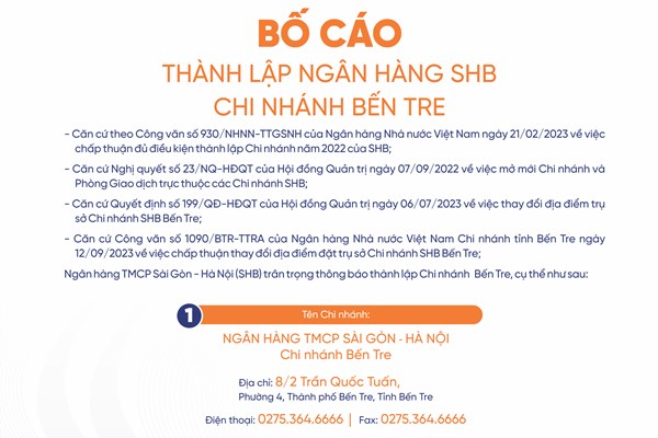 SHB thành lập chi nhánh mới tại Bến Tre