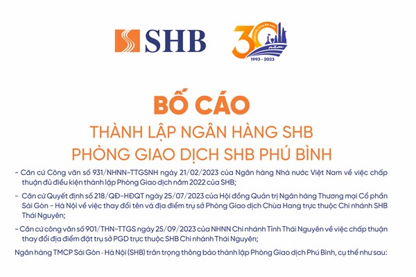 SHB dự kiến khai trương Phòng Giao dịch Phú Bình vào ngày 10/10