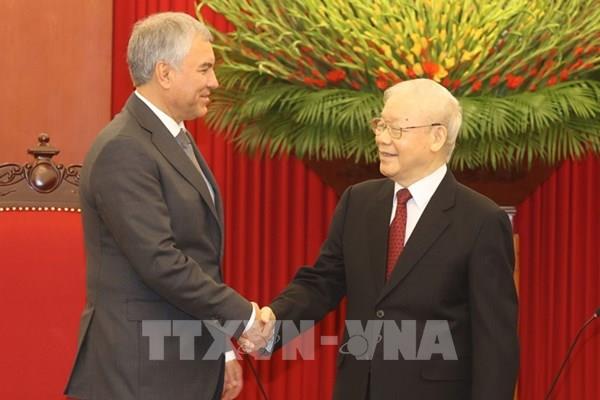 Tổng Bí thư Nguyễn Phú Trọng tiếp Chủ tịch Duma Quốc gia Quốc hội Liên bang Nga