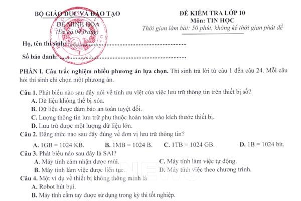 Đề thi minh họa các môn Giáo dục kinh tế và pháp luật, Tin học, Công nghệ từ năm 2025