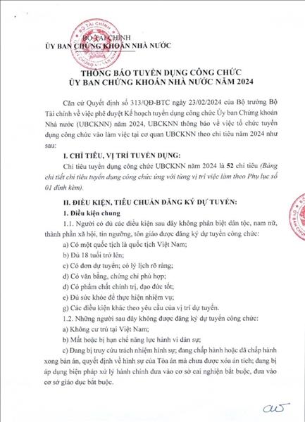 Ủy ban Chứng khoán Nhà nước tuyển dụng 52 chỉ tiêu công chức