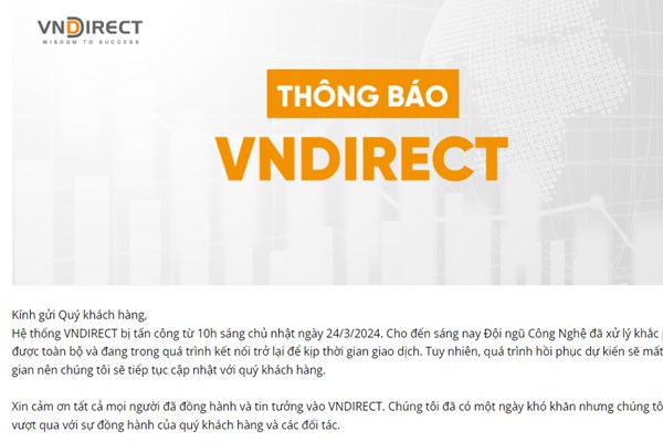 VNDIRECT thông tin về sự cố hệ thống giao dịch