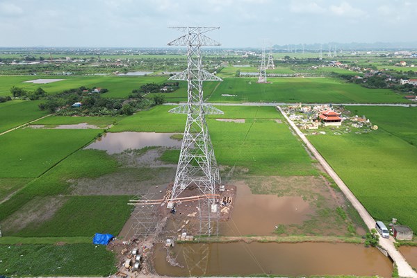 Kéo dây khoảng néo đầu tiên Dự án đường dây 500 kV mạch 3 đoạn Nam Định 1 - Thanh Hóa