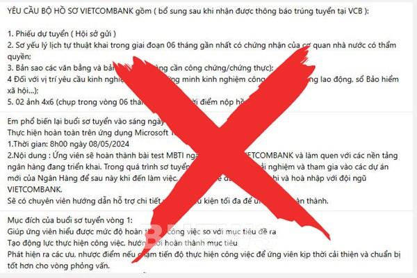 Cảnh báo xuất hiện thông tin lừa đảo, mạo danh Vietcombank tuyển dụng