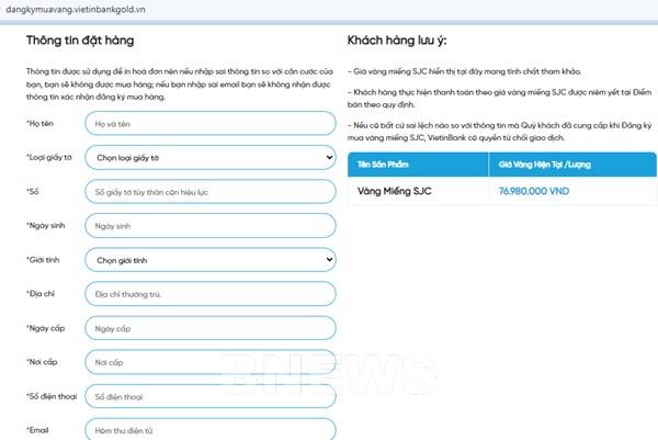 Hướng dẫn cách mua vàng miếng SJC trực tuyến trên website VietinBank
