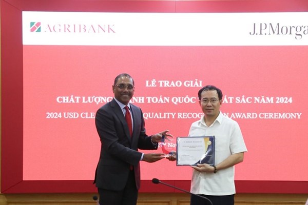 Agribank nhận giải thưởng “Chất lượng Thanh toán quốc tế xuất sắc năm 2024” từ JPMorgan