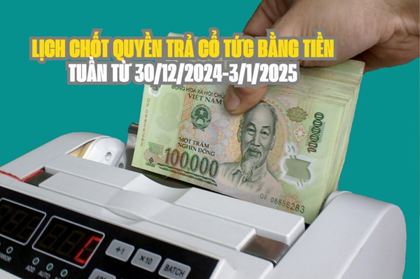 Lịch chốt quyền trả cổ tức bằng tiền tuần tới (30/12/2024-3/1/2025): 3 doanh nghiệp trả cổ tức cao nhất 20%