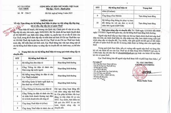 Danh sách hệ thống thuế điện tử tạm dừng phục vụ nâng cấp