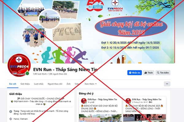 Cảnh báo Fanpage "EVN Run - Thắp Sáng Niềm Tin" giả mạo thương hiệu, logo EVN và EVNPECC4