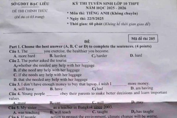 Đề thi và đáp án vào lớp 10 năm 2025 môn Tiếng Anh tại Bạc Liêu