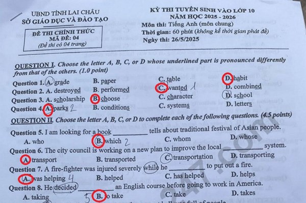 Đề thi và đáp án vào lớp 10 năm 2025 môn Tiếng Anh tại Lai Châu