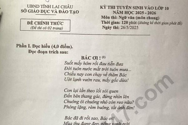 Đề thi và đáp án vào lớp 10 năm 2025 môn Văn tại Lai Châu