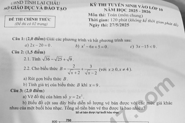 Đề thi và đáp án vào lớp 10 năm 2025 môn Toán tại Lai Châu