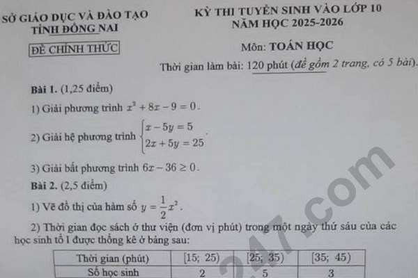 Đáp án đề thi môn Toán lớp 10 năm 2025 tại Đồng Nai