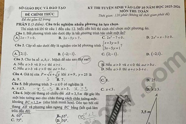 Đáp án đề thi môn Toán lớp 10 năm 2025 tại Bình Dương