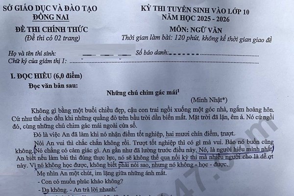 Đề thi và đáp án vào lớp 10 năm 2025 môn Văn tại Đồng Nai