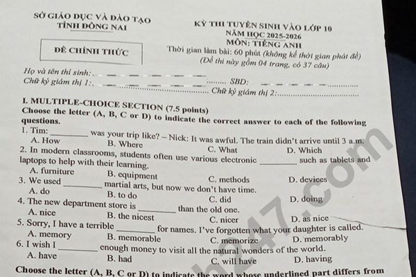 Đề thi và đáp án vào lớp 10 năm 2025 môn Tiếng Anh tại Đồng Nai