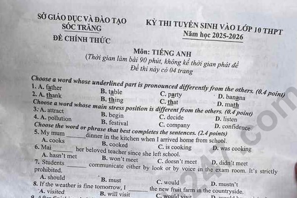 Đề thi và đáp án vào lớp 10 năm 2025 môn Tiếng Anh tại Sóc Trăng