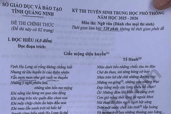 Đề thi và đáp án vào lớp 10 năm 2025 môn Văn tại Quảng Ninh