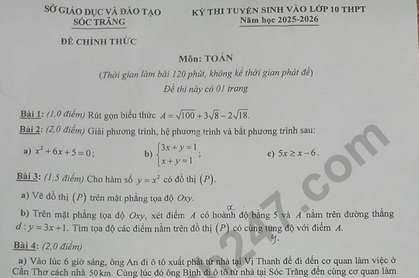 Đề thi và đáp án vào lớp 10 năm 2025 môn Toán tại Sóc Trăng