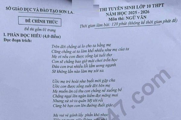 Đề thi và đáp án vào lớp 10 năm 2025 môn Văn tại Sơn La