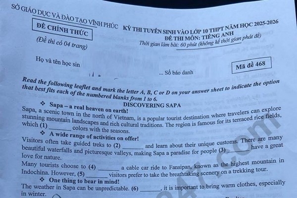 Đề thi và đáp án vào lớp 10 năm 2025 môn tiếng Anh tại Vĩnh Phúc