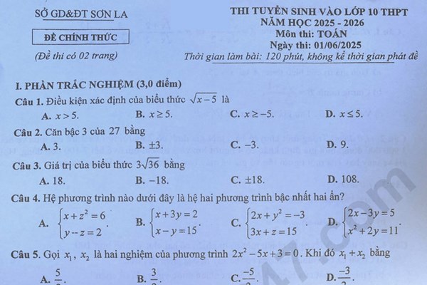 Đề thi và đáp án vào lớp 10 năm 2025 môn Toán tại Sơn La
