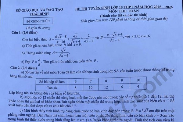 Đề thi và đáp án vào lớp 10 năm 2025 môn Toán tại Thái Bình