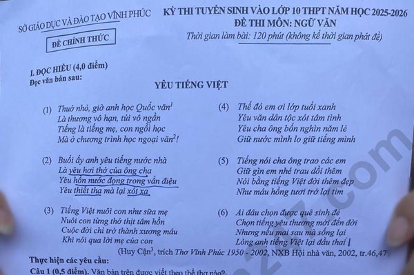 Đề thi và đáp án vào lớp 10 năm 2025 môn Văn tại Vĩnh Phúc