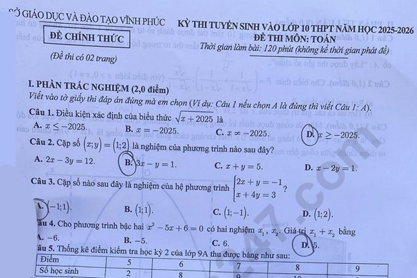 Đáp án đề thi môn Toán lớp 10 năm 2025 tại Vĩnh Phúc