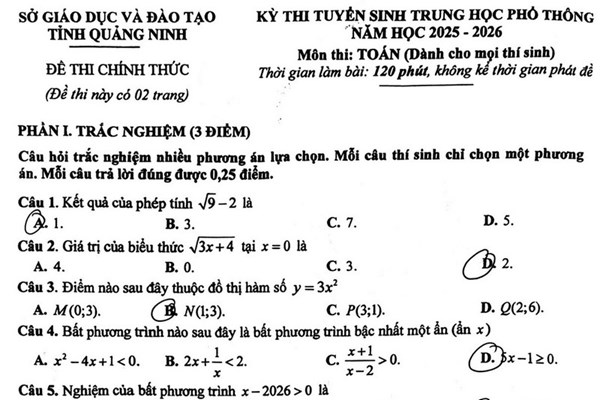 Đề thi và đáp án vào lớp 10 năm 2025 môn Toán tại Quảng Ninh
