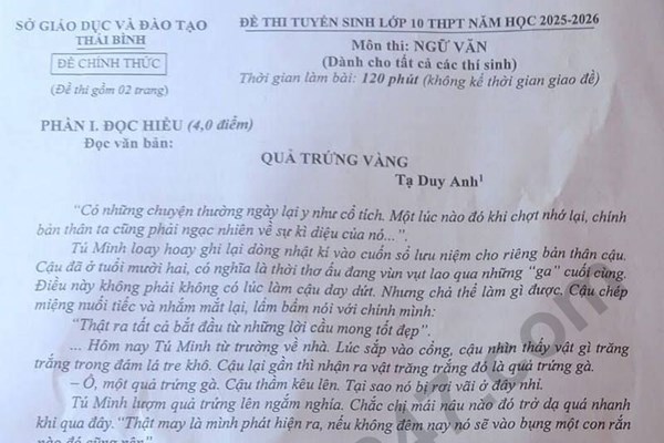 Đề thi và đáp án vào lớp 10 năm 2025 môn Văn tại Thái Bình