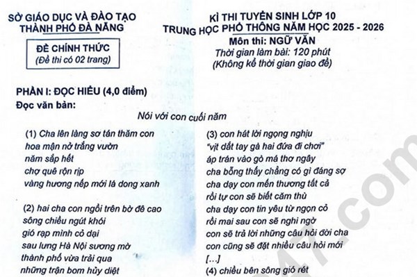 Đề thi và đáp án vào lớp 10 năm 2025 môn Văn tại Đà Nẵng