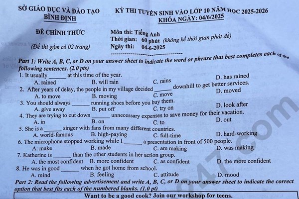 Đề thi và đáp án vào lớp 10 năm 2025 môn Tiếng Anh tại Bình Định
