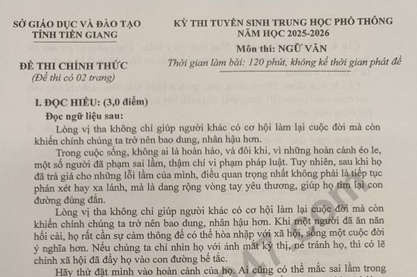 Đề thi và đáp án vào lớp 10 năm 2025 môn Văn tại Tiền Giang