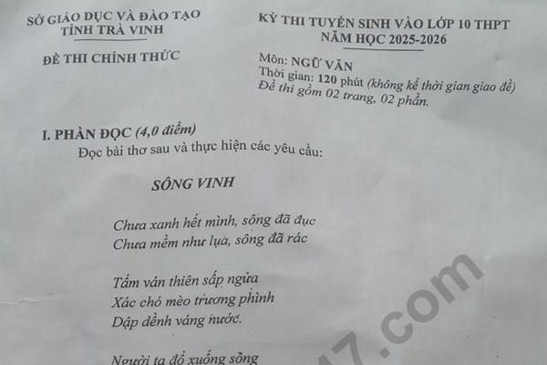 Đề thi và đáp án vào lớp 10 năm 2025 môn Văn tại Trà Vinh