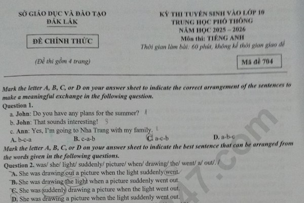 Đề thi và đáp án vào lớp 10 năm 2025 môn Tiếng Anh tại Đắk Lắk