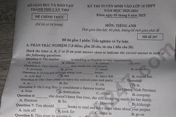 Đề thi và đáp án vào lớp 10 năm 2025 môn Tiếng Anh tại Cần Thơ