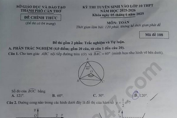 Đề thi và đáp án vào lớp 10 năm 2025 môn Toán tại Cần Thơ