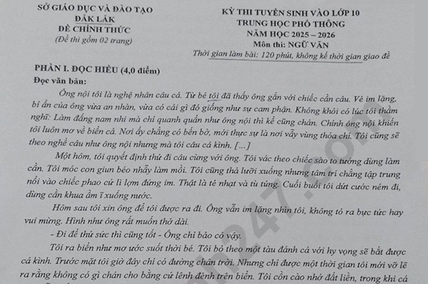 Đề thi và đáp án vào lớp 10 năm 2025 môn Văn tại Đắk Lắk