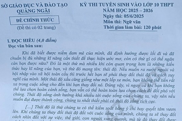 Đề thi và đáp án vào lớp 10 năm 2025 môn Văn tại Quảng Ngãi